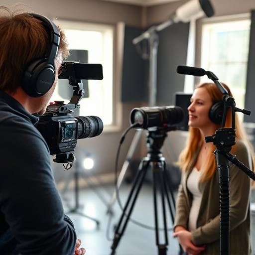 Bag kulisserne under en optagelse i Lyd & Billede Studio. Man kan se en interviewperson foran et mikrofon og en professionel filmer.